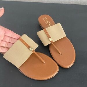 Tan sandals.